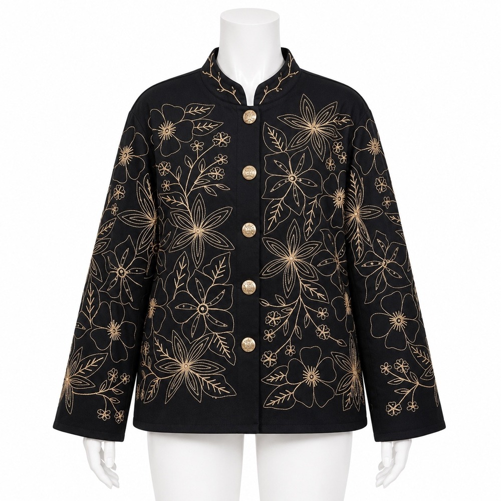 New Directions Embroidered Floral Jacket‎ Black Gold Womens Large Button Front